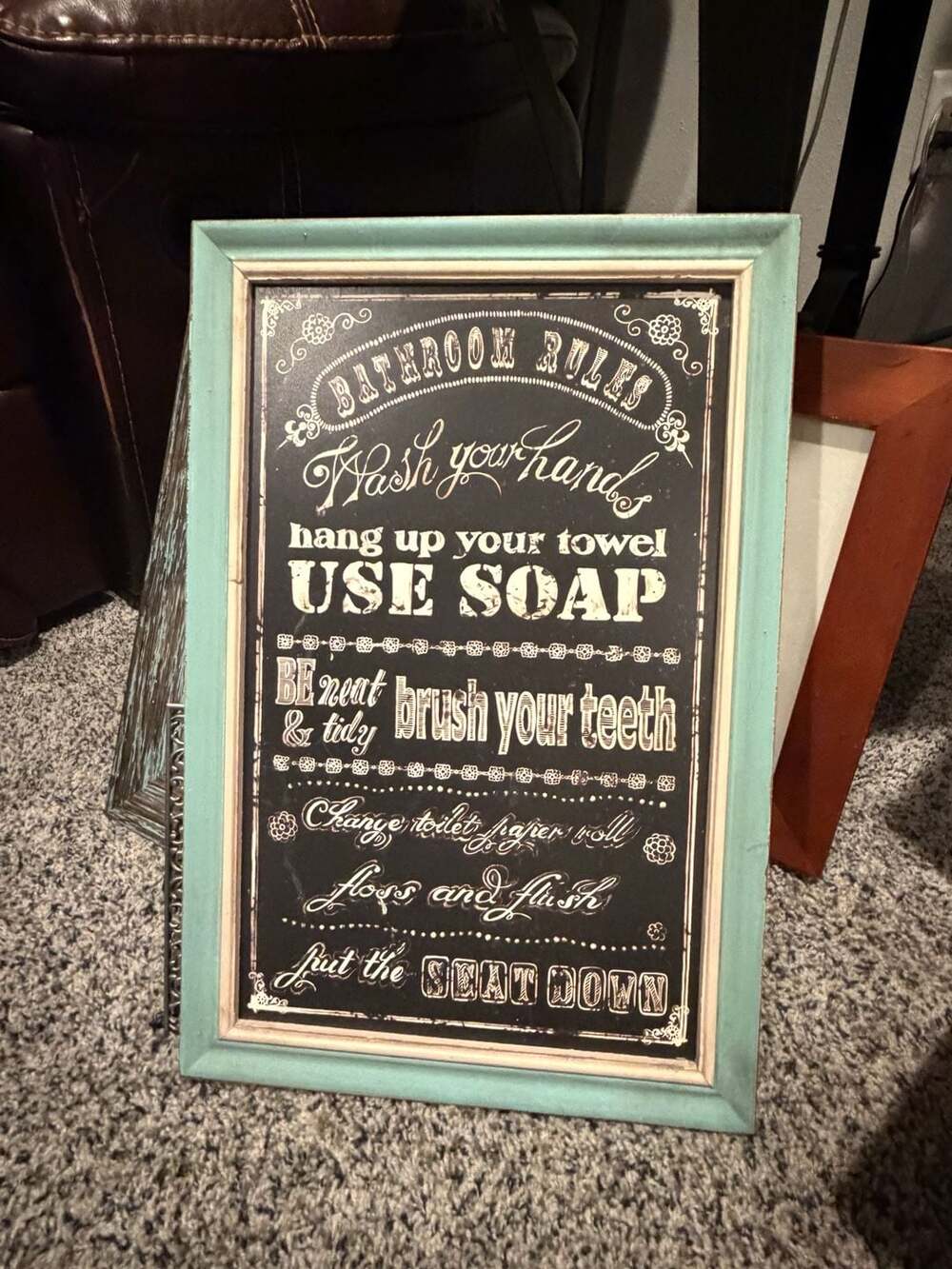 Bathroom Rules Wall Decor Sign Teal Frame